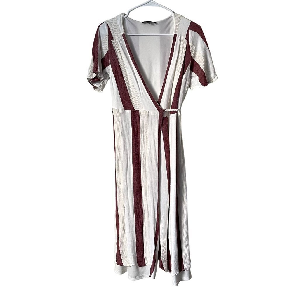 Lulus white striped maroon rayon wraparound vneck dress summer sundress comforta